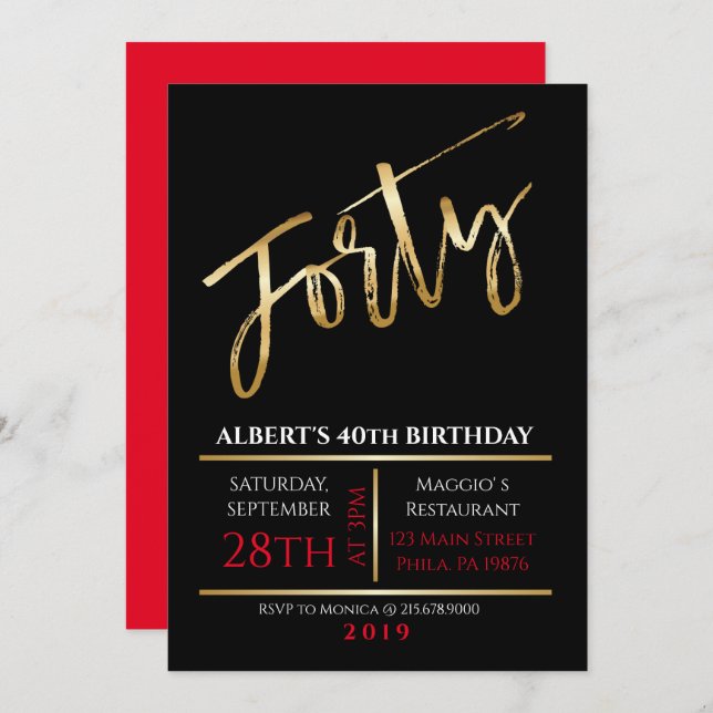 40e anniversaire Gold Black Party Invitation (Devant / Derrière)