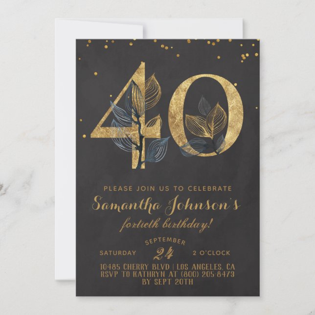 40e anniversaire Gold Floral Invitation (Devant)