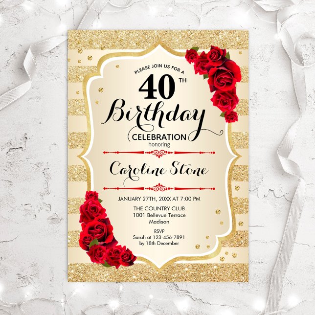 40e anniversaire - Gold Stripes Invitation Rose (Créateur téléchargé)