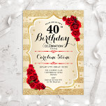 40e anniversaire - Gold Stripes Invitation Rose<br><div class="desc">Invitation du 40e anniversaire. Design élégant en or et rouge. Comprend des bandes d'or de parties scintillant fausse,  des roses rouges police de caractères stylisés et des confettis. Parfait pour une fête d'anniversaire glam.</div>