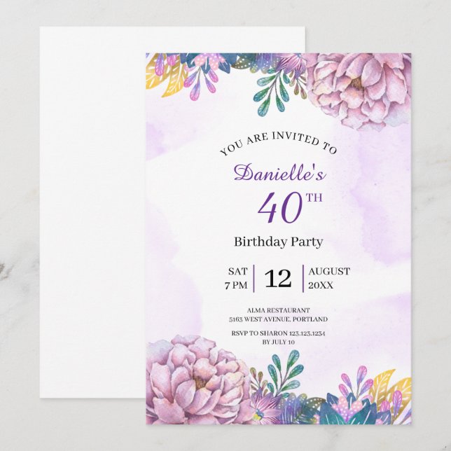 40e anniversaire invitation à la floraison violett (Devant / Derrière)