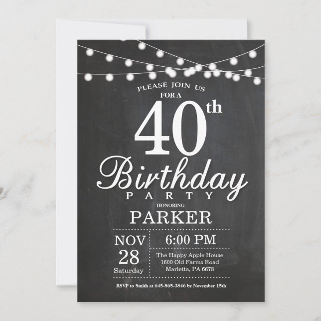 40e anniversaire Invitation Chalkboard lumières à  (Devant)