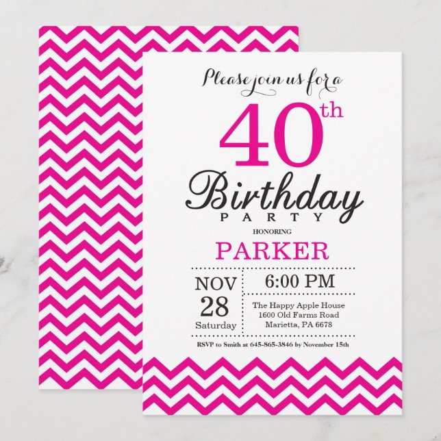 40e anniversaire Invitation Chevron rose chaud (Devant / Derrière)