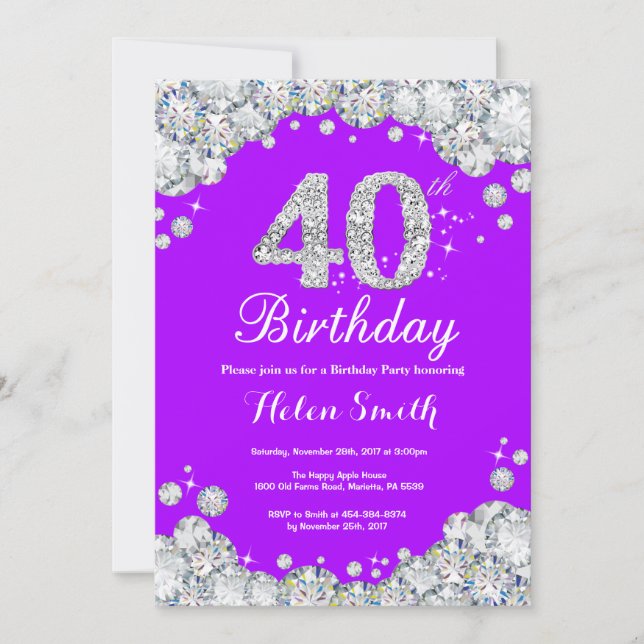 40e anniversaire Invitation Diamant mauve et argen (Devant)