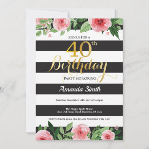 40e anniversaire Invitation Femmes. Or floral noir