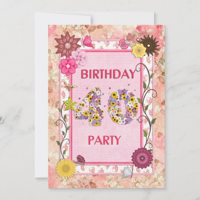40e anniversaire invitation fête avec cadre fleuri (Devant)