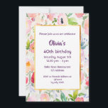 40e anniversaire invitation fleurs roses blanc<br><div class="desc">Une élégante carte d'invitation à la fête du 40e anniversaire d'été et de jardin à thème intemporel. Style bohème et boho. Avec des pastels doux romantiques et des fleurs aquarellées aux couleurs rose et pêche et feuilles verts. Un arrière - plan blanc pour le texte. Un cadre en faux or...</div>