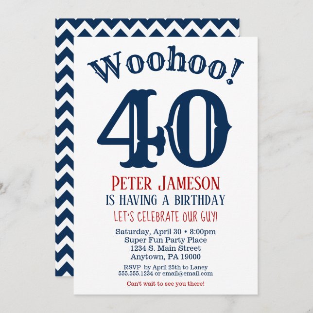 40e anniversaire Invitation Mens Marine Bleu (Devant / Derrière)