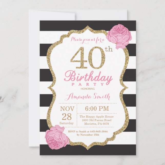 40e anniversaire Invitation Pink Black Gold Floral (Devant)