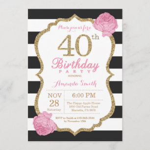 40e anniversaire Invitation Pink Black Gold Floral