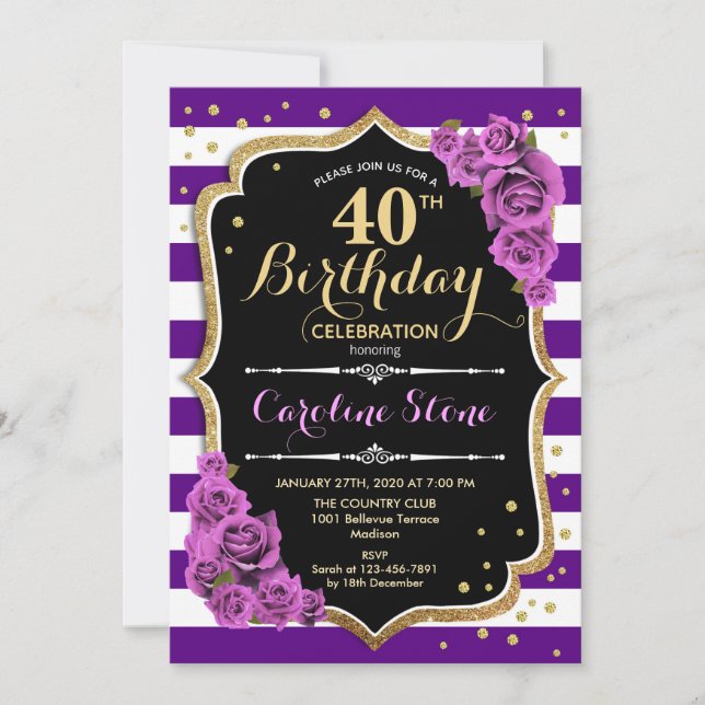 40e Anniversaire Invitation Purple Gold avec Roses (Devant)