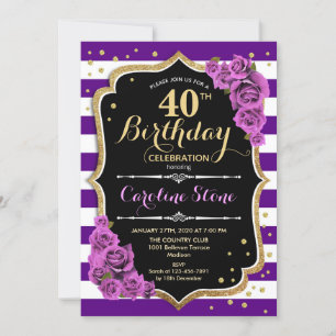 40e Anniversaire Invitation Purple Gold avec Roses