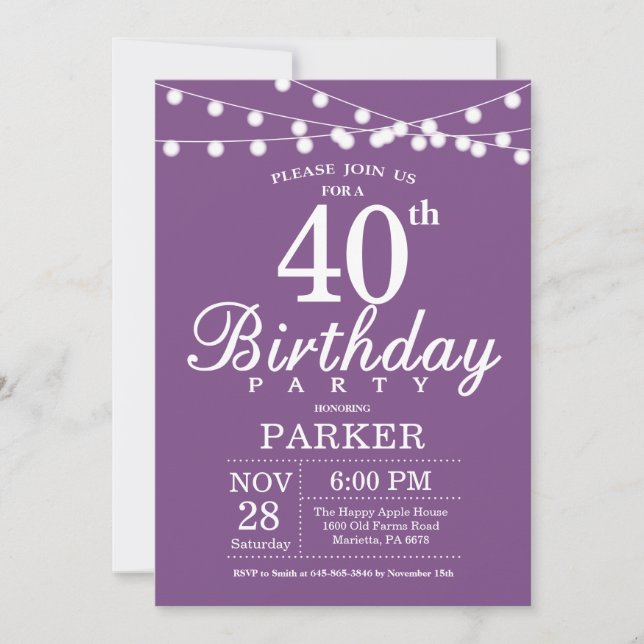40e anniversaire Invitation Purple Lavender (Devant)