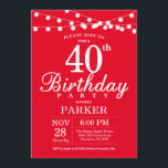 40e anniversaire Invitation rouge<br><div class="desc">40e anniversaire Invitation avec lumières à cordes. Arrière - plan rouge. 13ème 15ème 16ème 18ème 20ème 21ème 30ème 40ème 50ème 60ème 70ème 80ème 90ème 100ème,  Tout âge. Pour plus de personnalisation,  cliquez sur le bouton "Customiser" et utilisez notre outil de conception pour modifier ce modèle.</div>