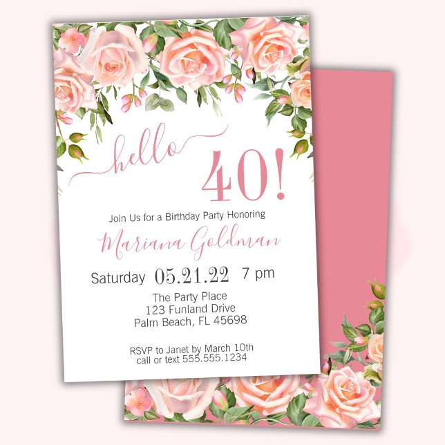 40e anniversaire Invitations Pink Floral Modern Pa (Créateur téléchargé)