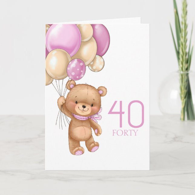 40e anniversaire mignon ballons roses fille carte  (Devant)