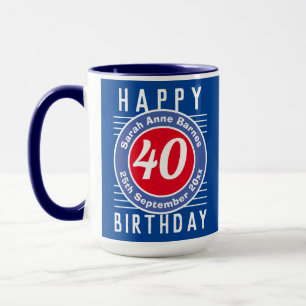 40e Anniversaire Mug avec âge, nom et date