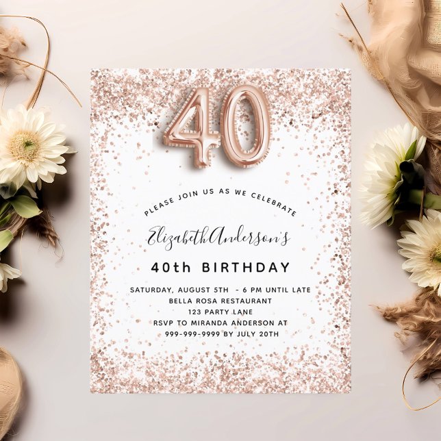 40e anniversaire rose or blanc invitation (Créateur téléchargé)