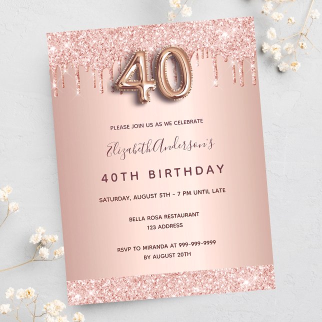 40e anniversaire rose or rose gouttes invitation (Créateur téléchargé)