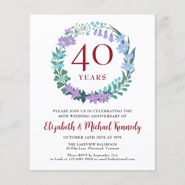 40e anniversaire Ruby Floral Wreath Invitation (Devant)