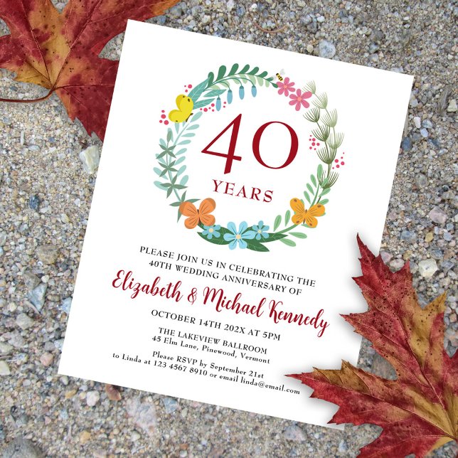 40e anniversaire Ruby Floral Wreath Invitation (Créateur téléchargé)