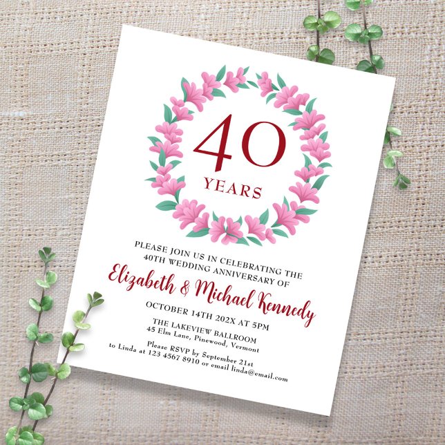 40e anniversaire Ruby Floral Wreath Invitation (Créateur téléchargé)