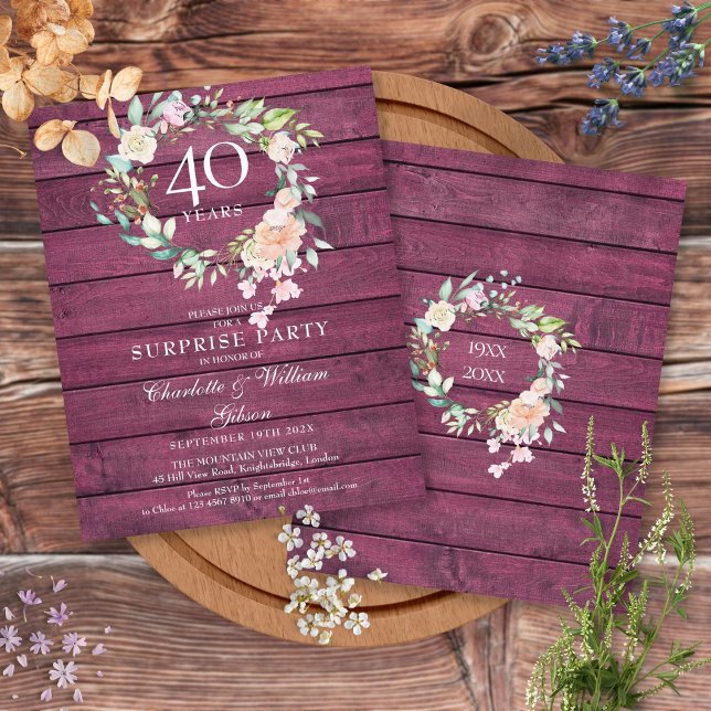40e Anniversaire Ruby Rustic Bois Floral Invitatio (Créateur téléchargé)