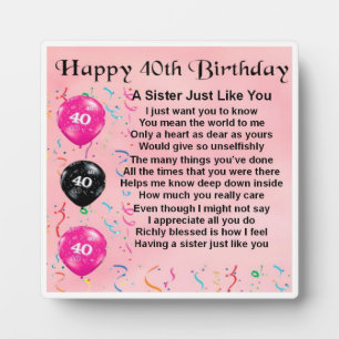 40e Birthday Sister Poem Plaque