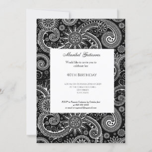 40e Black White Paisley Invitation d'anniversaire