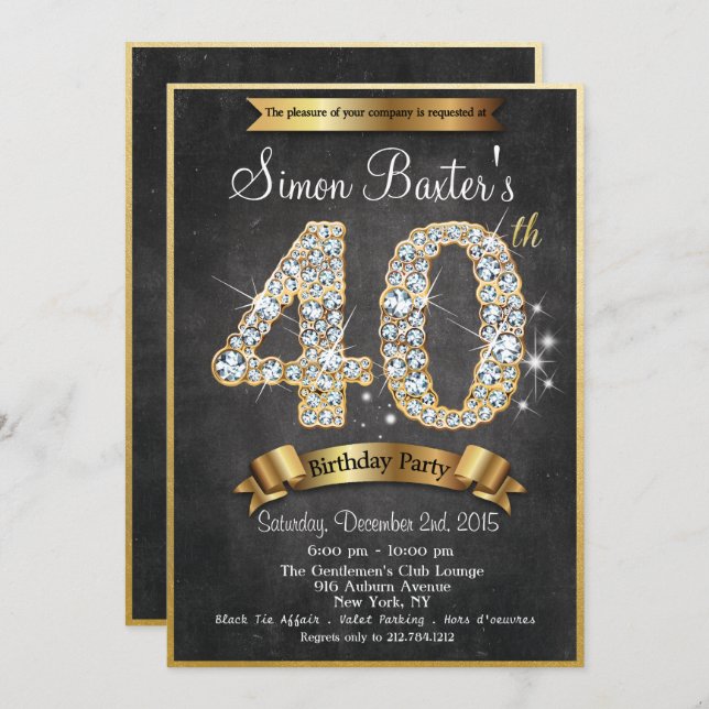 40e Gold Diamond Chalkboard Invitation Anniversair (Devant / Derrière)