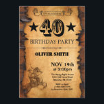 40e Invitation à l'anniversaire de l'Ouest<br><div class="desc">40e Invitation Occidentale Anniversaire. Cowboy Horse Wild West Theme Birthday Party. Arrière - plan rustique de campagne en bois.
Pour plus de personnalisation,  cliquez sur le bouton "Customiser" et utilisez notre outil de conception pour modifier ce modèle.</div>