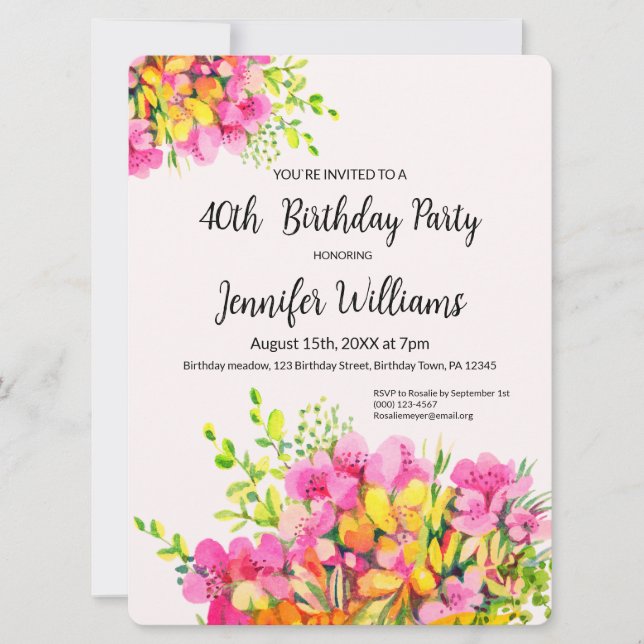 40e invitation anniversaire, fleurs roses et orang (Devant)
