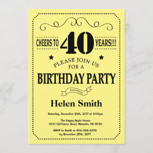 40e Invitation d'anniversaire Noir et Jaune