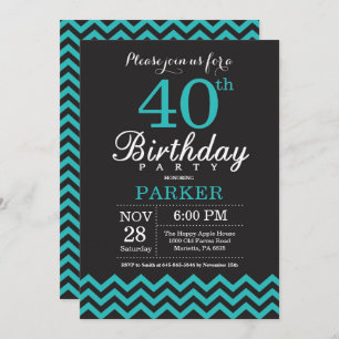 40e Invitation d'anniversaire Noir et Turquoise