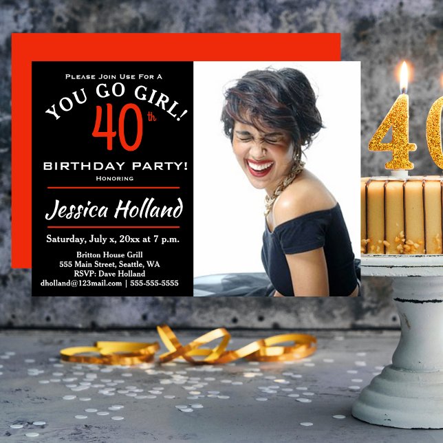 40e INVITATION PHOTO ANNIVERSAIRE : TU ASSURES MA  (40th YOU GO GIRL! Birthday Party Photo Invitation)