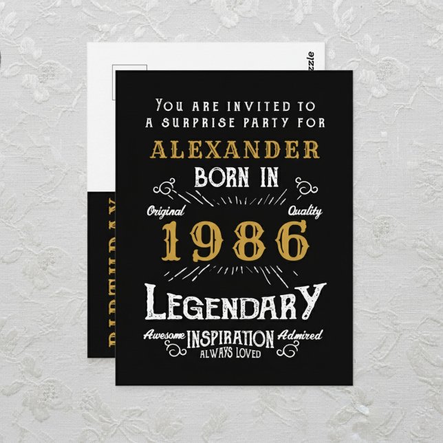 40th Birthday 1986 Black Gold Legend Invitation (1986 birthday invitation postcard. Background white lace.)