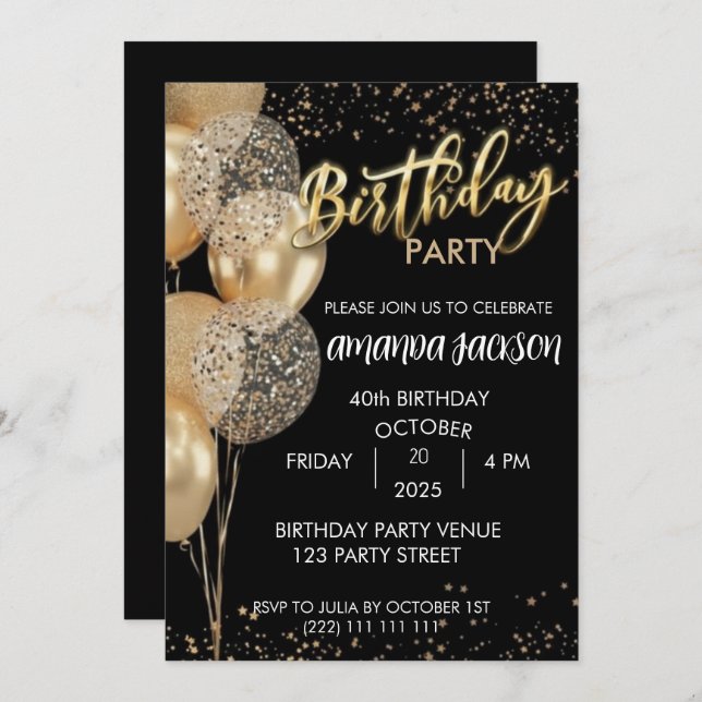 40th Birthday Invitation Black Gold Balloons (Devant / Derrière)