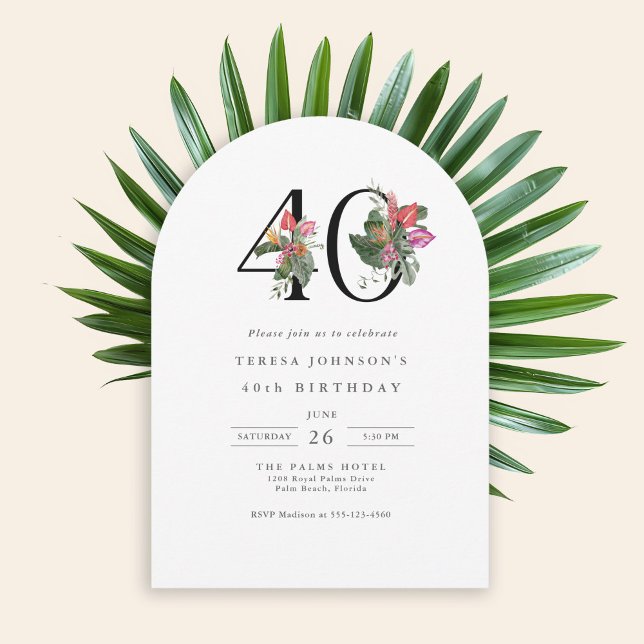 40th Birthday Simple Elegant Tropical Invitation (Available in both printed and instant download digital formats.)