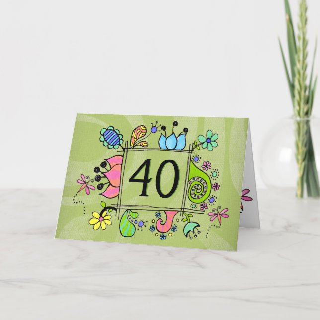 40th Folk Art Frame Numéro Age Anniversaire Carte (Devant)