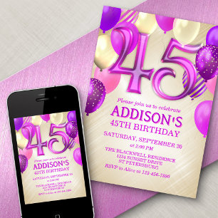 45e anniversaire Ballons roses Invitation