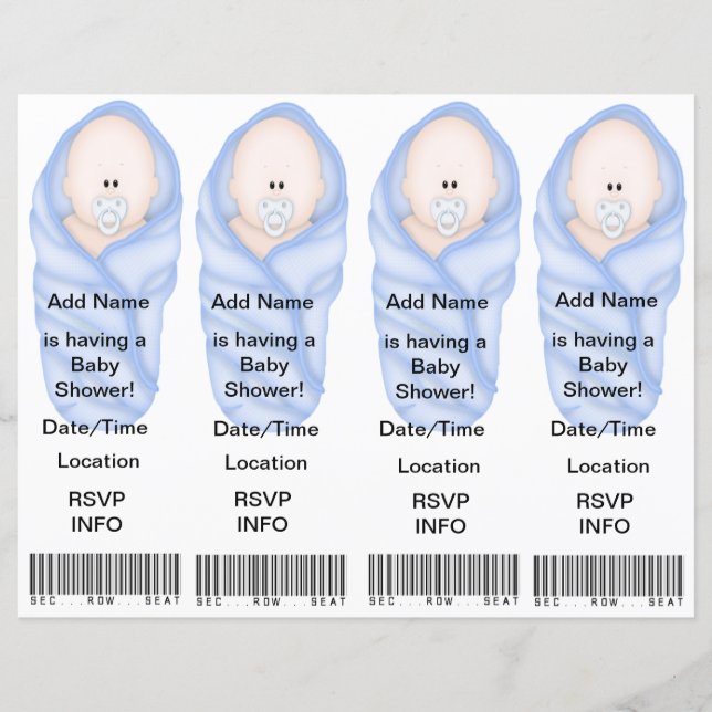 4 Bleu Douche Bébé Invitations - Faveurs Signets (Devant)