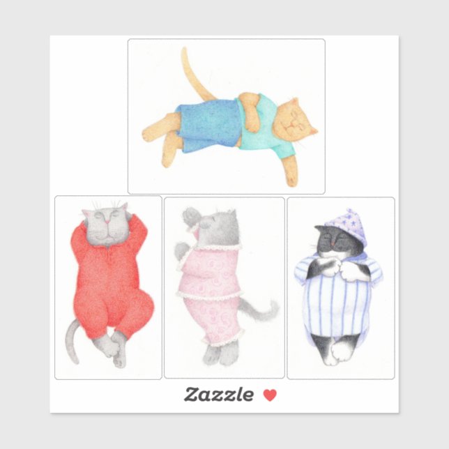 4 CHATS EN PYJAMA 6"X6" Autocollant vinyle  (Feuille)