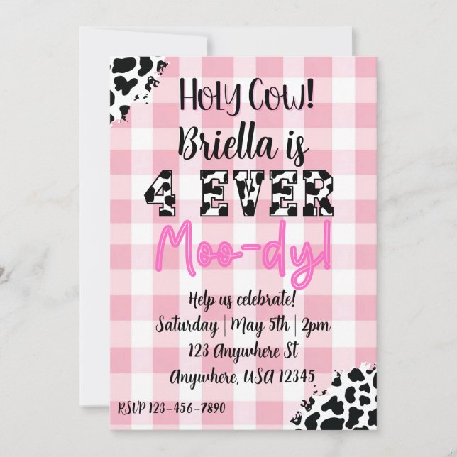 4 Ever Moody Cow Fourth Birthday Invitation (Devant)