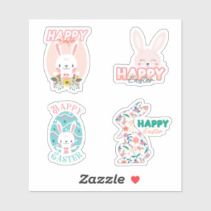 4 Joyeuses Pâques avec lapin et autocollants de fl