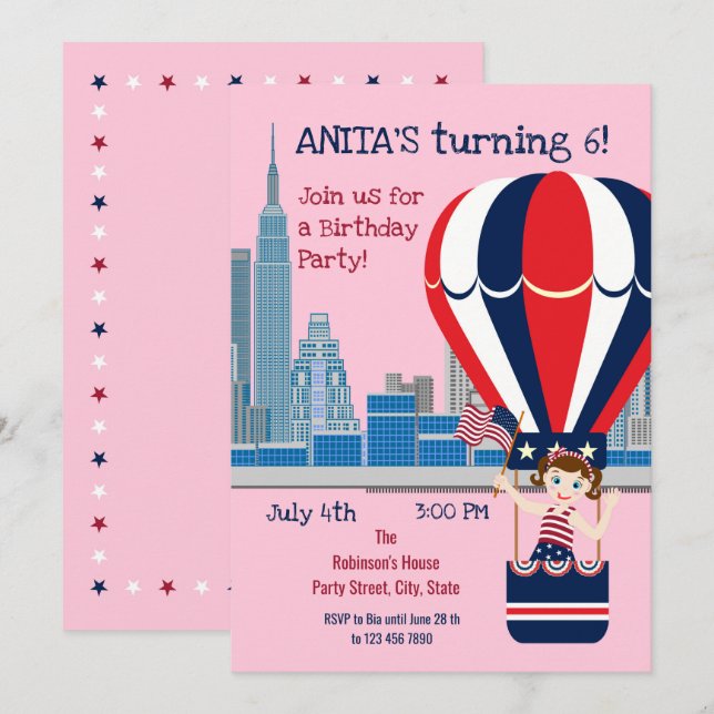 4 juillet Anniversaire Fille Fête Invitation (Devant / Derrière)