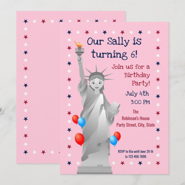 4 juillet Anniversaire Fille Fête Invitation (Devant / Derrière)