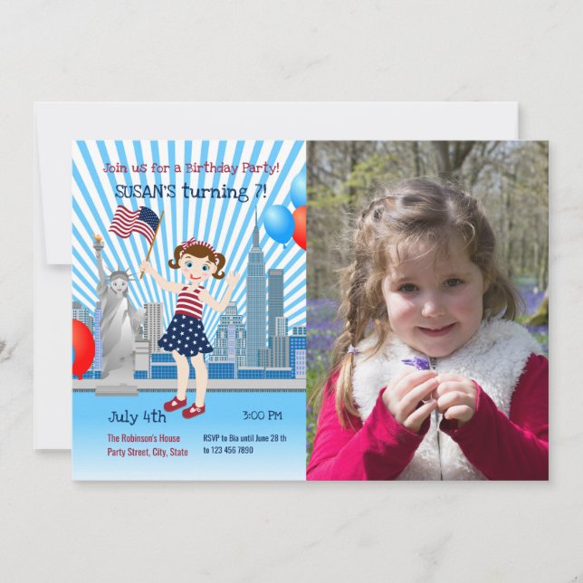4 Juillet Anniversaire Fille Fête Photo Invitation (Devant)