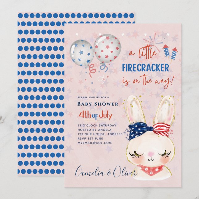 4 juillet BABY SHOWER INVITATION Firecracker Bunny (Devant / Derrière)