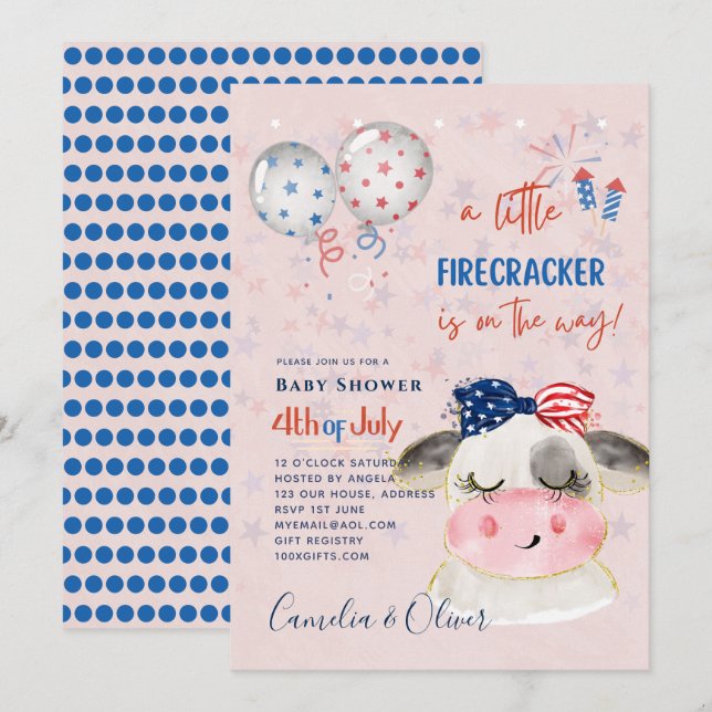 4 juillet BABY SHOWER INVITATION Firecracker Cow (Devant / Derrière)