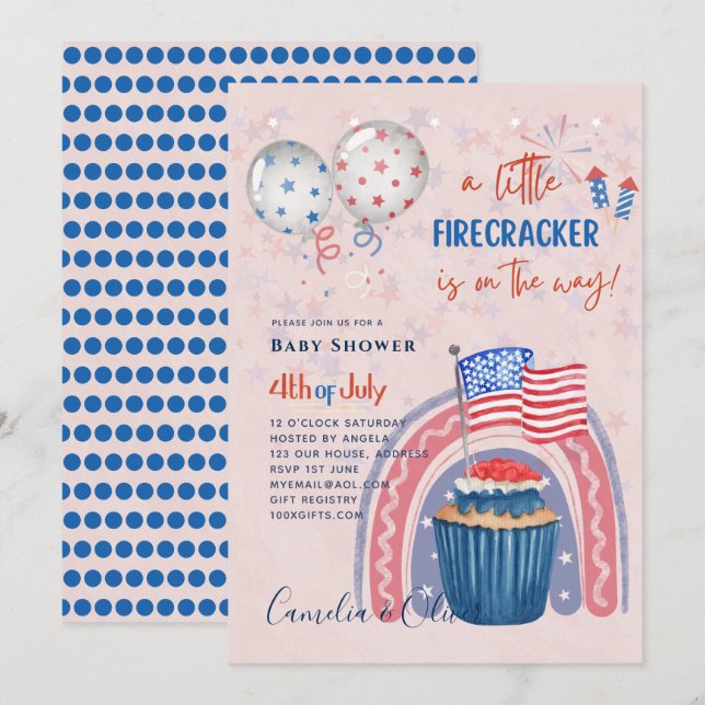 4 juillet BABY SHOWER INVITATION Firecracker Cupca (Devant / Derrière)
